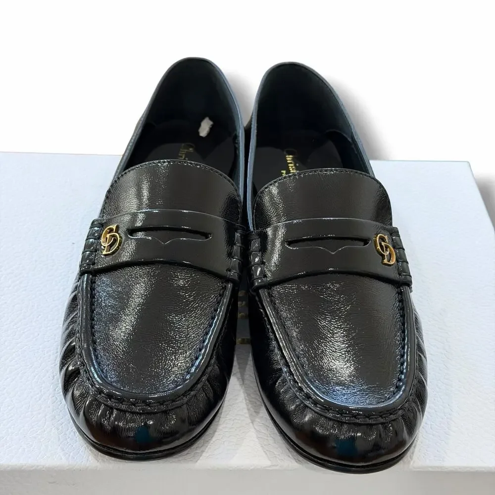 Christian Dior Women’s Black Patent Leather Loafers Dior Time Size US9.5 EU40